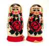 Semenov Matryoshka Salt and Pepper Set. A pair of adorable "Mashenka" Semenov maiden Salt & Pepper shakers. These were made in the 1990s in Russia and have the orange paper labels. Decorative and functional. Why buy plastic Matryoshka themes when you can have the original painted on wood? Each shaker is 2¼" tall. 1 set left.