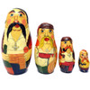 Zaporozhian Cossacks (Запорожские казаки). A unique mixed media matryoshka with high relief texture enhancements. The first doll has a raised pipe, forelocks, earring and braid as well as a ladybug on the back. Other dolls all have some texture, including traditional head wear, a distinctive mustache on the second doll, plus silver crosses on all four.  The Zaporozhian Cossacks lived downstream from the Dnieper Rapids. They were predominantly Ruthenians, and played an important role in the history of Ukraine. The Cossacks left a profound cultural, political and military legacy on Ukraine, Russia, Poland, Turkey and other states that came in contact with it.