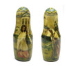 The Paintings of Victor Borisov-Musatov (Картины Виктора Борисова-Мусатова). A one-of-a-kind art doll that was painted and signed by the artist (O. Shepel) of Rostov on the Don and dated 1993. Each doll is illustrated "in the round" to show each painting completely. All the work was done by hand. Each doll is finished with a shiny coat of lacquer and the bottoms of each doll are painted in different shades of blue.The first doll (shown all four sides) is "Autumn Evening" (1904-05). The second doll is "Spring Tale" (1904-1905), a sketch for a panel. The third doll is "Emerald Necklace" (1903-1904). The rest are as follows: "Slumber Divine" (1904-05), a sketch for a panel; "The Pool" (1902); "Tapestry" (1901) and, finally, "Ghosts" (1903).