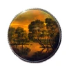 Autumn Sunset (Осенний закат). The painting focuses on the beauty of a glowing setting sun in an open glade in the forest. Delicate miniature oil painting on papier-mache. The piece simply shimmers as the shades of orange and gold play against the dark trees. Fedoskino, circa late 1980s. Materials used are oil paints, lacquer, and metallic powders. Set in aa melchior bezel with a pinback.