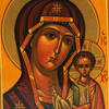 The Mother of God of Kazan is a combination of feminine sweetness and saddened tenderness emphasizing the gravity of what is to be. Her head bows slightly in the direction of Christ, who stands upright and faces the viewer, while bestowing a blessing. Inscriptions are "Jesus Christ", "Mother of God", "He who is", all Greek abbreviations. The Kazan Mother of God is historically notable through several miracles and played a major historical role in Russia's destiny. The original icon was carried by Prince Dmitry Pozharsky (1577-1642) into battle. It made its apparition in 1579 in Kazan, the capital of a Tartar khanate, where, at the time, half the city was being destroyed by fire. A special church was built in Kazan in 1679, but the icon took up residence in Moscow. had been kept in Moscow. The icon then moved to St. Petersburg where it was installed in the Kazan Cathedral on Nevsky Prospect in the center of the city.