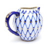 Cobalt Net Small Milk or Cream Pitcher. Elegant small pitcher from the Lomonosov Porcelain Factory in St. Petersburg, Russia. Makes a terrific gift! Fully hand painted and decorated. Not a Chinese knock-off!  Mineral cobalt, 22Kt gold. 3" height, 3¾" width, 6oz. capacity.