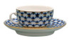 Cobalt Net Demi-Tasse (Mocha) Cup and Saucer.  One of the more unusual pieces from the Lomonosov porcelain cobalt net line. A miniature, fully decorated cup and saucer made for drinking very strong coffee. 1½" height, 3¾" diameter. Red ЛВЗ (LFZ) backstamp and "Made in Russia" in English.