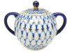 Cobalt Net Sugar Bowl.  This fine porcelain sugar bowl with lid from the Lomonosov Porcelain factory is decorated in the classic Cobalt Net pattern and is the genuine article! pairs up nicely with the full-size creamer. Fully hand painted and decorated in St. Petersburg, Russia. Not a Chinese knock-off! Red ЛВЗ (LFZ) backstamp and "Made in Russia" in English. Mineral cobalt, 22Kt gold.  4½" in height.