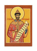 Holy martyred Tsar and passion-bearer Nicholas (Святой мученик, царь и страстотерпец Николай). On his scroll is a lengthy passage from Job 12:4 in Slavonic: "For a righteous and blameless man became a subject for mockery, for it had been ordained that he should fall under others at the appointed time, and that his house should be laid to waste by the lawless." The Blessed Martyr Nicholas wears an elaborate red robe, and is crowned with the golden Cap of Monomakh (шапка Мономаха), the symbol and crown of the Muscovite Grand Princes and Russian Tsars.
