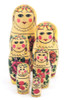 Sudarushka from Semenov (Семеновская Девочка "Сударушка"). Sudarushka (accent on the "da") means "Sweetheart" in Russian. It also is the name of a lyrical Russian dance. The expressions date from before the "happy face" era of Semenov dolls began (a few years after the breakup of the USSR). Each doll has a long braid running down her back and colors are distinctively Semenov (yellow, red and black). The style is somewhat different from typical Semenov dolls and was made during the time the factory was trying to win a bigger Western market share. Thus, not many were made, and the bigger six nested ones were probably made in even fewer numbers. 6 nested doll, 5" down to about 1¼". Made in the late 1980s with the post Soviet orange export label on the bottom of the first doll.