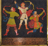 "Frog Princess" ("Царевна Лягушка"). The three Tsarevich brothers fire their arrows in three different directions. Fired enamel panel on chased copper, including elaborate chased and repousse metalwork. Both the top and the bottom of the panel have additional chasing of a church skyline and the frog in the pond on a lily pad holding the consequential arrow. Cloth covered wood back. Moscow, c. 1978-84. 10¼" x 12¼".