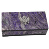 Charoite (сиреневый чароит). For your treasures and jewels! A lovely "lilac-violet stone" box, made from semi-precious charoite (сиреневый чароит), a mineral found only near the Chara River in the Yakutia/Irkutsk region of Russia.  It was discovered in 1949 and only 15 years later was it identified as a unique mineral in its own right. The gemstone is characterised by a silky luster and a delicate range of purple and violet colors from pale to dark. Sitting atop this elegant box is a cast sterling silver Double Headed Eagle of Imperial Russia, the Romanov family crest.
