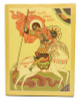 St. George Slaying the Dragon. The title reads Чудо Георгия о змие (in Old Slavonic, of course) and literally means The Miracle of St. George and the Dragon. Here he rides a white horse (the horse first appeared at the first millennium), as the hand of Christ emerges from a semi-circle and blesses him. It is the most well-known icon of him, which appeared in Novgorod in the 15th century. St. George is a symbol of the earthly manifestation of Archangel Michael, and is patron saint of Moscow, England, farmers, soldiers, prisoners and the poor, and scouting