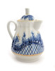 Blue Rhapsody Creamer with Lid. Use as a creamer or as a tiny pitcher for syrup, or other pourables. It shines with delicate beauty and Old World elegance.  Blue Rhapsody was one of the names of this classic pattern, now discontinued. The pattern was was created by legendary Russian designer, Nina Pavlovna Slavina (1928-2000), who named it Лучистая Нежность, which translates as Radiant Tenderness. Garden is another name attached to this pattern. A delicate lid with a grip. Cobalt blue and 22 Kt gold tendrils and a basket weave. 1990s red Lomonosov Porcelain backstamp, 4⅝" in height.