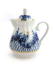 Blue Rhapsody Creamer with Lid. Use as a creamer or as a tiny pitcher for syrup, or other pourables. It shines with delicate beauty and Old World elegance.  Blue Rhapsody was one of the names of this classic pattern, now discontinued. The pattern was was created by legendary Russian designer, Nina Pavlovna Slavina (1928-2000), who named it Лучистая Нежность, which translates as Radiant Tenderness. Garden is another name attached to this pattern. A delicate lid with a grip. Cobalt blue and 22 Kt gold tendrils and a basket weave. 1990s red Lomonosov Porcelain backstamp, 4⅝" in height.