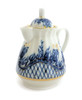 Blue Rhapsody Creamer with Lid. Use as a creamer or as a tiny pitcher for syrup, or other pourables. It shines with delicate beauty and Old World elegance.  Blue Rhapsody was one of the names of this classic pattern, now discontinued. The pattern was was created by legendary Russian designer, Nina Pavlovna Slavina (1928-2000), who named it Лучистая Нежность, which translates as Radiant Tenderness. Garden is another name attached to this pattern. A delicate lid with a grip. Cobalt blue and 22 Kt gold tendrils and a basket weave. 1990s red Lomonosov Porcelain backstamp, 4⅝" in height.
