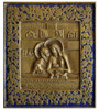 Do Not Weep for Me, O My Mother (Не Рыдай Мене, Мати) brass and deep blue enamel icon. Against the background of the Crucifixion cross, this deeply emotional icon depicts the Mother of God profoundly grieving Her son as She holds His body in the tomb. A symbolic representation of the coffin is in the lower part and the prayer in Slavonic "Do not weep for me, O my mother, when you see me in the tomb". Other inscriptions include "Son of God", "Jesus Christ" and "Mother of God". Moscow, mid to late 19th century.  High relief brass casting, hand enameling. 3⅝” x 4¼” (9.21 x 10.8 cm).
