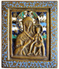 Smolensk Mother of God (Смоленская Божия Матерь) 19th century brass icon. The Mother of God of Smolensk is depicted holding the Child Jesus, sitting upright and facing the viewer, as She points to Him as the source of salvation for mankind. She is the source of grace to those looking for God. Christ bestows a blessing with His right hand. Moscow, early to mid-19th century. High relief heavy brass casting, hand enameling. 4⅞” x 5⅞” (12.4 x 14.9 cm). 1lb, 10oz. (737 grams).