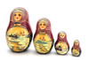 Winter Idyll (Зимняя идиллия). Winter scenes and churches are favorite topics of Russian nesting doll artists, and this one is not lacking in either.  The use of gold applique for enhancements date this one to mid-2010s. Also, there appears to be some faint writing on the bottom of the first doll, which seems to have been washed away. Usually, nesting dolls of this calibre are signed and dated. (Oh, well, it is what it is.) Overall an elegant and tastefully painted doll with expressive faces. 5 nest, 5" down to 1¼".