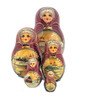 Winter Idyll (Зимняя идиллия). Winter scenes and churches are favorite topics of Russian nesting doll artists, and this one is not lacking in either.  The use of gold applique for enhancements date this one to mid-2010s. Also, there appears to be some faint writing on the bottom of the first doll, which seems to have been washed away. Usually, nesting dolls of this calibre are signed and dated. (Oh, well, it is what it is.) Overall an elegant and tastefully painted doll with expressive faces. 5 nest, 5" down to 1¼".
