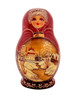 Winter Idyll (Зимняя идиллия). Winter scenes and churches are favorite topics of Russian nesting doll artists, and this one is not lacking in either.  The use of gold applique for enhancements date this one to mid-2010s. Also, there appears to be some faint writing on the bottom of the first doll, which seems to have been washed away. Usually, nesting dolls of this calibre are signed and dated. (Oh, well, it is what it is.) Overall an elegant and tastefully painted doll with expressive faces. 5 nest, 5" down to 1¼".
