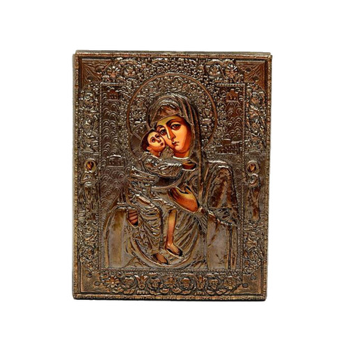 Vladimirskaya Mother of God  Hand Painted Icon with a wood back and a metal cover Vladimirskaya Mother of God  Hand Painted Icon with a wood back and a metal cover