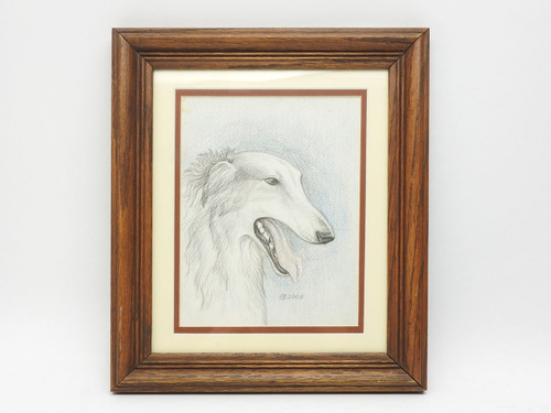 Colored pencil drawing of a Russian wolfhound, Borzoi, by Russian artist O. Matsko. Matted under glass. 10 x 12" overall. Frame has minor imperfections. Possible reflections of studio lights visible in the glass.