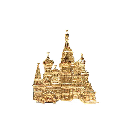 St. Basil's Cathedral Pin. Russia's most famous architectural structure has been fashioned into a detailed and shiny brass and gold plated pin. 1¾". St. Basil's Cathedral Pin. Russia's most famous architectural structure has been fashioned into a detailed and shiny brass and gold plated pin. 1¾".