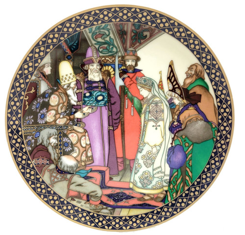 Snegurochka at the Court of Tsar Berendai). Just like their older and bigger cousins, these 6½" diameter fine porcelain plates were made in West Germany  by Heinrich Porzellan, aka Villeroy and Boch. The colors of the originals, painted in 1916 by Boris Zworykin, were faithfully transferred on to fine porcelain and the edges were decorated with high-quality gold. The edition was limited to 21 firing days. Comes in the original box with informative pamphlet and COA