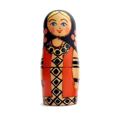 Volzhanka (Волжанка). This all-too cute nesting doll from Kalinin is named after Russia's most famous river: The Volga. She is different in style from Viatka (aka Kirov or Nolinsk), Semenov or Polkh-Maidan dolls. The wood is linden and many of the decorative elements are burnt in. The colors are bright and traditional and the paint thickly applied. 3 nest.