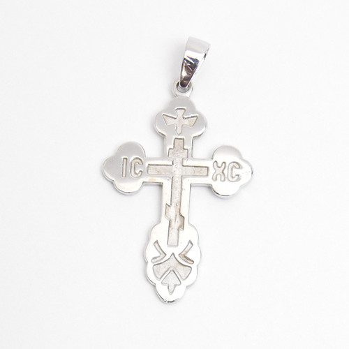 14Kt White Gold Orthodox Cross (Православный Крест). Traditional design: the initials for Jesus Christ, IC XC, and a descending dove. Short prayer on the back: Спаси и Сохрани (Save and Protect). 1¼" (33mm) Sturdy (not thin).