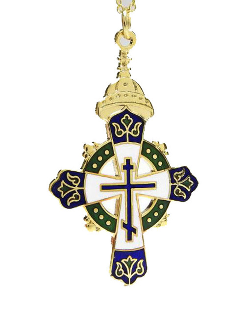 1913 Romanov Tercentenary Enamel Cross (Крест в Память 300-летия Дома Романовых). This cross was originally issued in 1913 to commemorate the 300th Anniversary of the House of Romanov, and was presented primarily to Orthodox clergy for exceptional merit. The crown above the cross is the ancient "Cap of Monomakh" ("Шапка Мономаха") that was bestowed upon Mikhail I at his coronation. He reigned from 1613 to 1645. The colors of the cross were appropriately chosen for their symbolic meaning. The color blue stands for royalty, and is associated with the Mother of God. Green symbolizes life, and is the color of the Holy Spirit.