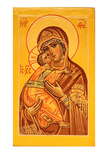 The Theotokos of Vladimir (Владимирская икона Божией Матери). This Orthodox icon of the Eleusa type, Tenderness in Greek, and Умиление in Russian, expresses the age-old relationship of Mother and Child with great emphasis. Christ, as a child, touches his Mother's face with one hand and while pressing His cheek against Hers. Her sorrowful gaze foresees the Passion as they lock in an eternal embrace. Around 1131, the original icon was taken from Constantinople to Vychgorod, near Kiev. Then, in 1155, Prince Andrei Bogolyubsky took it to the city of Vladimir, from whence it took its name. In 1395, with Moscow in danger of being overrun by Tamerlane's Mongol hordes, the icon was brought to Moscow and installed at the Uspensky (Dormition of The Virgin) Cathedral in the Moscow Kremlin. After danger had passed, the icon was returned to Vladimir. In 1480 it was again placed in the Moscow Kremlin.
