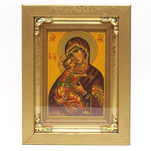 The Theotokos of Vladimir (Владимирская икона Божией Матери). This Russian Orthodox icon of the Eleusa type, which means Tenderness in Greek (Умиление in Russian.) Thee relationship between Mother and Child is expressed with great emphasis. Christ, as a child, touches his Mother's face with one hand and presses His cheek against Hers. Her sorrowful gaze foresees the Passion and She embraces Him affectionately and maternally.
Around 1131, the original icon traveled from Constantinople to Vychgorod, near Kiev. In 1155, Prince Andre Bogolyubsky took it to the city of Vladimir, from whence it took its name. In 1395, with Moscow in danger of being overrun by Tamerlane's Mongol hordes, the icon was brought to Moscow and installed at the Uspensky (Dormition of The Virgin) Cathedral in the Moscow Kremlin. After Tamerlane retreated, the icon was returned to Vladimir. In 1480 it was again placed in the Moscow Kremlin. The Theotokos of Vladimir (Владимирская икона Божией Матери). This Russian Orthodox icon of the Eleusa type, which means Tenderness in Greek (Умиление in Russian.) Thee relationship between Mother and Child is expressed with great emphasis. Christ, as a child, touches his Mother's face with one hand and presses His cheek against Hers. Her sorrowful gaze foresees the Passion and She embraces Him affectionately and maternally.
Around 1131, the original icon traveled from Constantinople to Vychgorod, near Kiev. In 1155, Prince Andre Bogolyubsky took it to the city of Vladimir, from whence it took its name. In 1395, with Moscow in danger of being overrun by Tamerlane's Mongol hordes, the icon was brought to Moscow and installed at the Uspensky (Dormition of The Virgin) Cathedral in the Moscow Kremlin. After Tamerlane retreated, the icon was returned to Vladimir. In 1480 it was again placed in the Moscow Kremlin.