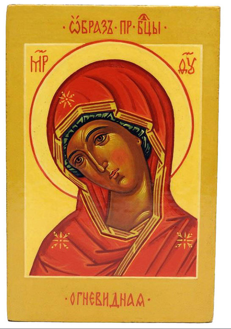 The Theotokos Ognevidnaya (Огневидная, or "Fire-Like"), first mentioned in historical documents in 1812 and added to the church calendar soon after, became widespread throughout the Russian Church. Its name derives from the fiery red hues of the Mother of God's face and garments. Another attribute for this image is that the Mother of God is turned to the left, thus representing a mirror image of the Byzantine original.  Inscriptions include: The Image of the Holy Mother of God, (Образ Преподобной Богородицы), Mother of God (to the left and right of Her halo, and "Fire-Like" (Огневидная).