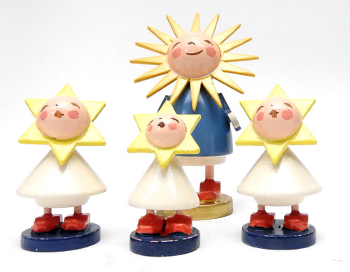 Sun with Her Star Children. Set of 4 painted wood figures, 1960s. In original condition with no alterations. W. Germany, Erzgebirge, Wendt & Kuhn. Sun with Her Star Children. Set of 4 painted wood figures, 1960s. In original condition with no alterations. W. Germany, Erzgebirge, Wendt & Kuhn.