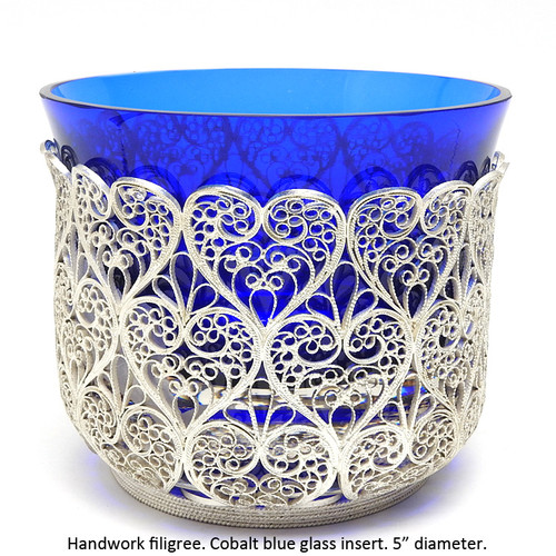 Russian filigree candy dish with cobalt glass insert at Maison Russe Russian filigree candy dish with cobalt glass insert at Maison Russe