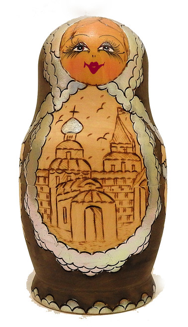 Silver Church Maidens.  This is a larger version of the classic style of pyrography, painting and potal (gold or silver foil that imitates gilding or silvering). Pyrographically written on the bottom in Russian: "Sergiev Posad, 2001", the artist's name, 7 nest, and  "Made in Russia" (stamped in red). Silver Church Maidens.  This is a larger version of the classic style of pyrography, painting and potal (gold or silver foil that imitates gilding or silvering). Pyrographically written on the bottom in Russian: "Sergiev Posad, 2001", the artist's name, 7 nest, and  "Made in Russia" (stamped in red).