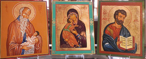 Evgenia Diachenko writes her icons on birch wood boards prepared with layers of gesso, 24K gold leaf, which she applies, and finishes with clear gloss. She also paints on canvas, which she mounts on a board. Each is 8x10 inches. Evgenia Diachenko writes her icons on birch wood boards prepared with layers of gesso, 24K gold leaf, which she applies, and finishes with clear gloss. She also paints on canvas, which she mounts on a board. Each is 8x10 inches.