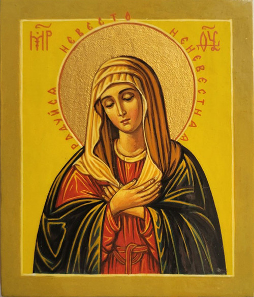 Rejoice, O Virgin Bride (Радуйся, Невесто Неневестная). This Russian icon is often is rare within Orthodoxy as it portrays the Theotokos without the infant Christ. She is depicted at the moment of the Annunciation with arms prayerfully folded submitting to the Archangel Gabriel and speaking the words: "Let it be to me according to Thy word."  The Slavonic inscription around her halo reads: "Rejoice, O Virgin Bride", a refrain from an ancient Byzantine hymn to the Theotokos “Agni Parthene ("Pure Virgin"). It was written by Saint Nektarios of Aegina, and glorifies the Theotokos who did not enter into marriage but became the Mother of the Savior, emphasizing her purity and divine calling. This icon was held in great esteem by the ascetic and Christian mystic Seraphim Sarovsky (1754-1833).