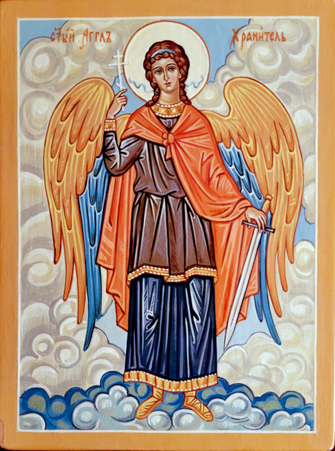 The Guardian Angel (Ангел-хранитель). The angel is depicted as a young man, often with a cross and sword. In Orthodoxy, a guardian angel was sent by God to protect the soul and body of a person, guiding them on the path to salvation. A guardian angel remains by one's side throughout one's life. They protect from all danger, strengthen faith, and help in moments of despondency and life's trials.