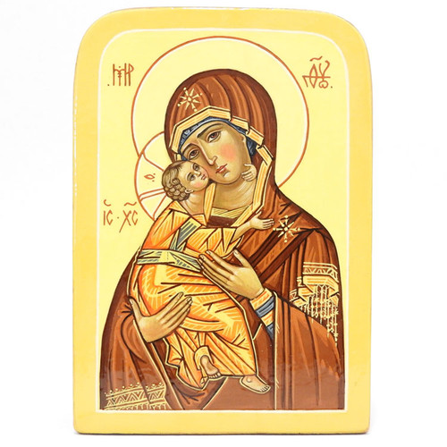 The Theotokos of Vladimir (Владимирская икона Божией Матери). This Orthodox icon of the Eleusa type, which means Tenderness in Greek (Умиление in Russian.) The age-old relationship of Mother and Child is expressed with great emphasis in this icon. Christ, as a child, touches his Mother's face with one hand and while pressing His cheek against Hers. Her sorrowful gaze foresees the Passion as they lock in an eternal embrace.