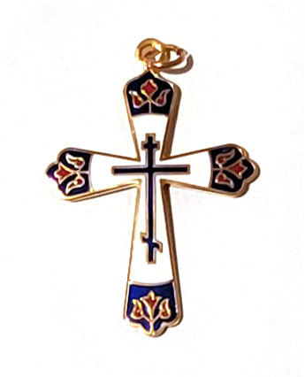 Orthodox Cross (Православный Крест). A beautiful Orthodox cross with floral embellishments and three rich enamel colors: blue, red, and white. Gold plated over copper. 1½" (38mm). Gift boxed. Comes with a 20" gold plated chain.