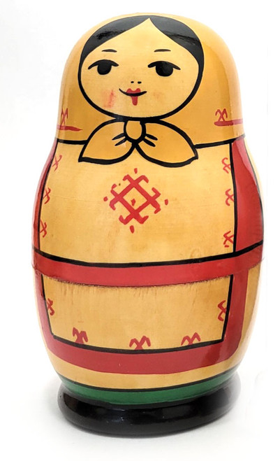 Yoshkar Ola Matryoshka, 8 nest. Yoshkar-Ola (sometimes Yoscar-Ola) is the capital of the Mari El Republic in western Russia. The name literally means Red City in the language of the Mari. These dolls were sometimes referred to as Marijaha dolls. One feature of these sets is the lack of flowers. The dolls are tightly nested and painted in bright, primary colors. This one is 8-nested and was made in the 1980s. 5" down to around ½".