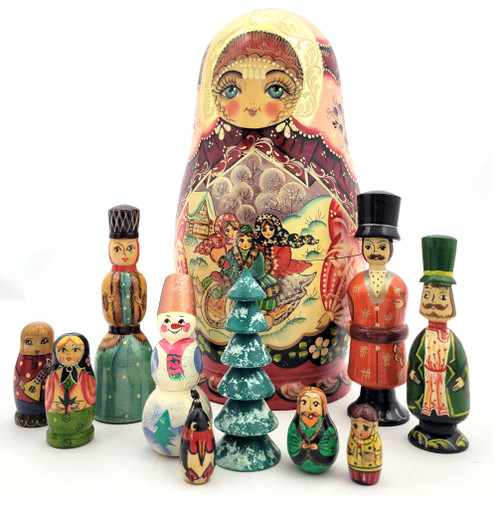 Matryona (Матрена). The name of this unusual setmeans "lady". This type of doll, from Sergiev Posad, was made about 25 years ago. It is of the toy "villagers" type, which when opened, reveal a number of small carved and painted pieces. This one has two men and a woman, a snowman and a Christmas tree, and five smaller pieces, including a penguin. Doll is about 8½" in height with pieces between 4" down to 1".The head doll is nicely decorated with a scene of children riding a sled down a hill. Their village home is in the background. This versatile doll can also be a "counting" toy for slightly older children (over 3) and a Christmas set.