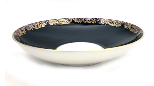 Golden Frieze Cooke or Cake Plate. Dark cobalt blue with a 22kt gold frieze pattern on both the cup and the saucer. A beautiful pattern, and, in its day, a popular one. Now discontinued. 8¼" diameter. "Made in Russia" red LFZ (ЛФЗ) backstamp circa 1991-2001