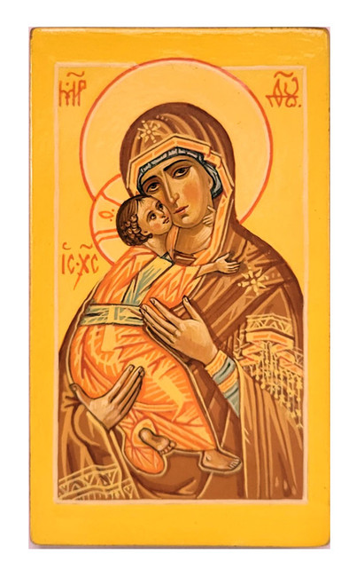 The Theotokos of Vladimir (Владимирская икона Божией Матери). This Orthodox icon of the Eleusa type, Tenderness in Greek, and Умиление in Russian, expresses the age-old relationship of Mother and Child with great emphasis. Christ, as a child, touches his Mother's face with one hand and while pressing His cheek against Hers. Her sorrowful gaze foresees the Passion as they lock in an eternal embrace. Around 1131, the original icon was taken from Constantinople to Vychgorod, near Kiev. Then, in 1155, Prince Andrei Bogolyubsky took it to the city of Vladimir, from whence it took its name. In 1395, with Moscow in danger of being overrun by Tamerlane's Mongol hordes, the icon was brought to Moscow and installed at the Uspensky (Dormition of The Virgin) Cathedral in the Moscow Kremlin. After danger had passed, the icon was returned to Vladimir. In 1480 it was again placed in the Moscow Kremlin.
