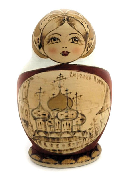 Sergiev Posad "Churches" Matryoshka. Elegant vintage doll with lots of detail in a small space. Wood burnt outlines of several ancient Russian church towns, including Sergiev Posad (Сергиев Посад), Uglich (Углич), Kostroma (Кострома), and two smaller, unnamed ones. The faces are especially well done, which indicates an accomplished artist.Made in Sergiev Posad, circa 1995-99. 3½" to ⅝".