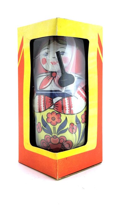 Mechanical Matryoshka (Механическая Матрешка). This entertaining Matryoshka spins one way and then the other, back and forth. Made in the Soviet Union pre-1991 at LZM (Leningradskiy Zavod Metalloizdeliy). NIB (New in Box). With key. Unusual in new condition. 7". Made in USSR