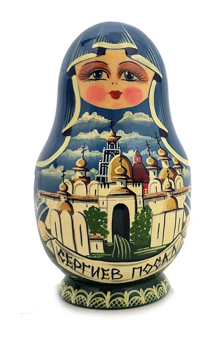 Lavra of Sergiev Posad (Лавра в Сергиевом Посаде). The Trinity Lavra of St. Sergius (Троице-Сергиева лавра) is the most important and historical Russian monastery and the spiritual center of the Russian Orthodoxy. The monastery is in the town of Sergiev Posad, about 40 miles northeast from Moscow. Its founding in 1337 by St. Sergius of Radonezh is well documented in the contemporary lives of Sergius and his disciples. Famous iconographers and powerful tsars all gained fame and notoriety in this humble lavra. The artist has painted an impressive and positive rendering of the monastery, its gates, cupolas, and immediate surroundings. Bottom of the first doll is painted green to reflect the grassy earth.  7 nest, 6¼" down to 1¼".  Fully lacquered. Signed by the artist and dated 1998.
