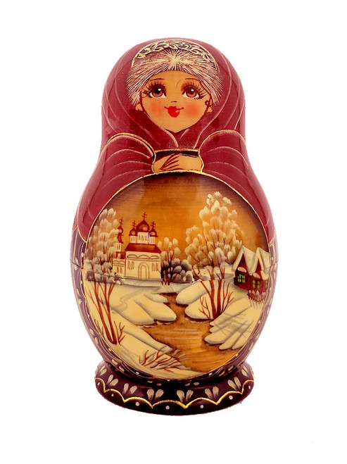 Winter Idyll (Зимняя идиллия). Winter scenes and churches are favorite topics of Russian nesting doll artists, and this one is not lacking in either.  The use of gold applique for enhancements date this one to mid-2010s. Also, there appears to be some faint writing on the bottom of the first doll, which seems to have been washed away. Usually, nesting dolls of this calibre are signed and dated. (Oh, well, it is what it is.) Overall an elegant and tastefully painted doll with expressive faces. 5 nest, 5" down to 1¼".