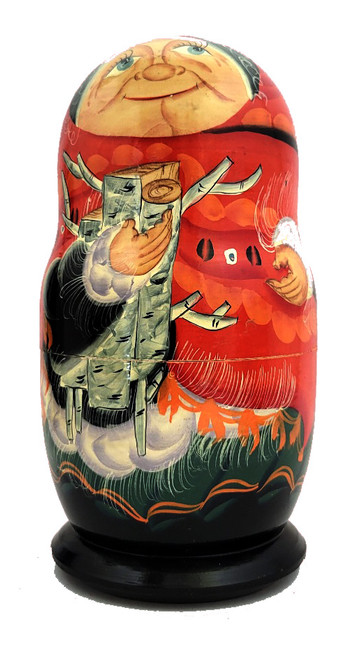 Extended Russian Farmhouse Family.  A finely painted artistic doll that features three generations of a simple family that lives on a farm in a village. Farm themes have always been popular in matryoshka production as the farm represents an idyllic and genuinely practical state of affairs in Russia, yesterday and today. The rural experience is universal, and while romanticized, it also reveals that which is mostly lost. This enjoyable set, that even manages to sneak a birch limb on the first doll, is from Zagorsk. 10 nest, 8"x 1".