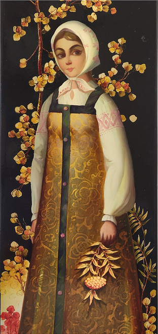Autumn (Осень). Panel painting by Leonid Nikolaevich Ilyin (Леонид Николаевич Ильин). Leonid Nikolaevich (1928-?) is a lacquer miniature artist, and the grandson of the Russian artist I. A. Shavrin. Leonid Nikolaevich has been working in Fedoskino since 1946. The famous Russian lacquer miniaturist M. Chizhov mentioned him in his book Among miniaturists. Notes of Fedoskino masters, Artist of USSR, 1982, Leningrad (page 220, 249). Oil painting on papier-mache. Approximately 16¼"x 4⅝". Weighs 1½ pounds. Materials used are oils paints, papier-mache, metallic powders, and lacquer. Dated 1978, signed by Ilyin and noted by him: "индивидуальное исполнение" (custom execution).