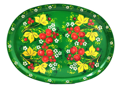Oval Painted Tray. Petrykivka floral tole painting on metal. Back of tray painted black. Vintage, fully hand painted in Ukraine, circa 1985. 13"x17". Probably had a "Made in USSR" sticker at one time. A nice serving tray in about fine condition